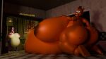 3d_(artwork) animatronic anonymousfm anthro areola belly big_belly big_breasts big_butt bonnie_(psychojohn2) breasts butt clothing digital_media_(artwork) duo fan_character female female/female five_nights_at_freddy&#039;s five_nights_at_freddy&#039;s_2 hair hat headgear headwear hi_res huge_belly huge_breasts huge_butt hyper hyper_belly hyper_breasts looking_back machine nipples nude open_mouth overweight pregnant pregnant_female robot scottgames size_difference teeth thick_thighs toy_freddy_(fnaf) wide_hips