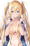  1girl bangs blonde_hair blue_eyes blush bradamante_(fate/grand_order) braid breasts closed_mouth collarbone collared_jacket commentary fate/grand_order fate_(series) gloves hair_between_eyes hair_ornament hair_over_breasts highres holding holding_hair jacket_on_shoulders large_breasts long_hair looking_at_viewer navel rin_yuu sidelocks simple_background smile stomach sweatdrop twintails very_long_hair white_background 