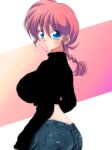  1girl ass black_sweater blue_eyes braid breasts chewing_gum crop_top denim large_breasts long_hair looking_at_viewer looking_back ranma-chan ranma_1/2 red_hair solo sweater uehara_doh 