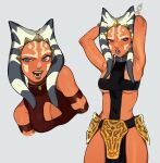  1girl absurdres ahsoka_tano alien armpit_crease armpits arms_up blue_eyes blush breasts brown_lips cleavage_cutout clothing_cutout colored_skin cowboy_shot facial_mark highres loincloth medium_breasts multiple_views open_mouth orange_skin pelvic_curtain porqueloin restrained sideways_glance simple_background skindentation star_wars star_wars:_the_clone_wars sweat thighs underboob upper_body white_background 