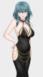  1girl alisa_(vallurite) alternate_costume bare_arms bare_shoulders black_choker black_dress blue_eyes blue_hair breasts byleth_(female)_(fire_emblem) byleth_(fire_emblem) choker cleavage commentary dress english_commentary feet_out_of_frame fire_emblem fire_emblem:_three_houses grey_background grin highres large_breasts long_hair looking_at_viewer simple_background sleeveless sleeveless_dress smile solo standing 