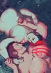  2boys abs arm_around_shoulder arm_tattoo asymmetrical_hair bara belly belt charlotte_katakuri chest_tattoo couple cuddling from_above grass head_on_another&#039;s_shoulder highres husband_and_husband jewelry large_pectorals lying male_focus maren_(mewtides) mature_male mewiyev multicolored_hair multiple_boys multiple_rings muscular muscular_male navel nipples on_back on_person one_piece original pants pectorals photo_background plump ring scar short_hair sidecut sleeping sleeping_on_person stitches stomach tattoo topless_male tusks two-tone_hair undercut upper_body yaoi 
