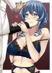  1girl blue_bra blue_eyes blue_hair bra breasts cleavage fellatio food gotland_(kancolle) hair_between_eyes hair_bun highres holding kantai_collection kuurunaitsu large_breasts makizushi mole mole_under_eye oral sexually_suggestive simulated_fellatio single_hair_bun smile sushi underwear 