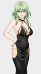  1girl alisa_(vallurite) alternate_costume bare_arms bare_shoulders black_choker black_dress breasts byleth_(female)_(fire_emblem) byleth_(fire_emblem) choker cleavage commentary dress english_commentary feet_out_of_frame fire_emblem fire_emblem:_three_houses green_eyes green_hair grey_background grin highres large_breasts long_hair looking_at_viewer simple_background sleeveless sleeveless_dress smile solo standing 
