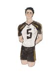  1boy akaashi_keiji arms_behind_back black_eyes black_hair black_shorts chengongzi123 cropped_legs haikyuu!! highres looking_at_viewer male_focus shirt short_hair short_sleeves shorts simple_background smile solo sportswear standing t-shirt very_short_hair volleyball_uniform white_background 