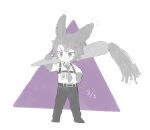  1boy animal_ears animal_hands belt carrot chest_harness collared_shirt full_body greyscale harness heathcliff_(project_moon) id_card limbus_company monochrome necktie notched_ear pants project_moon purple_eyes rabbit_ears shirt shoes solo spot_color uchimura_(rino0525) 