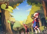  1boy 1girl backwards_hat black_hair blue_overalls blue_sky brown_hair cabbie_hat celebi ethan_(pokemon) falling_leaves forest grass hat highres ilex_forest leaf lyra_(pokemon) nature open_mouth outdoors overalls pokemon pokemon_(creature) pokemon_hgss red_shirt selyg15 shirt shorts shrine sky thighhighs tree twintails white_hat white_thighhighs yellow_hat 