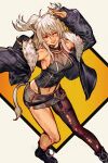  1girl ahoge animal_ear_fluff animal_ears arm_up breasts cleavage full_body fur-trimmed_jacket fur_trim hair_between_eyes hololive hungry_clicker jacket lion_ears lion_girl lion_tail long_hair looking_at_viewer navel o-ring_strap one_eye_closed pantyhose shishiro_botan shishiro_botan_(1st_costume) simple_background single_leg_pantyhose skirt smile solo tail torn_clothes torn_pantyhose virtual_youtuber white_hair 