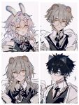  2boys 2girls :d animal_ears bear_boy bear_ears bear_girl black_hair black_necktie border caelus_(honkai:_star_rail) cat_boy closed_mouth dan_heng_(honkai:_star_rail) expressionless eyewear_on_head glasses grey_hair hair_between_eyes hair_ornament highres honkai:_star_rail honkai_(series) kemonomimi_mode long_hair long_sleeves looking_at_viewer march_7th_(honkai:_star_rail) mulihaohao multiple_boys multiple_girls necktie open_mouth rabbit_ears rabbit_girl shirt short_hair sidelocks smile star-shaped_eyewear star_(symbol) stelle_(honkai:_star_rail) trailblazer_(honkai:_star_rail) white_border white_shirt x_hair_ornament yellow_eyes 