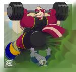 anthro belly big_butt boots butt clothing cosmicwuffy_(artist) crouching deadlift duo exercise fart fart_cloud fart_fetish farting_on_another footwear gassy gym hi_res holding_butt lying male male/male mammal manly mephitid on_back raised_tail size_difference skunk smelly tail weightlifting workout