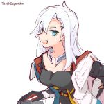  1girl :d alonemistrist black_gloves black_shirt blue_eyes dragalia_lost gloves ilia_(dragalia_lost) long_hair long_sleeves looking_at_viewer open_mouth shirt smile solo teeth upper_body upper_teeth_only vest white_hair white_vest 