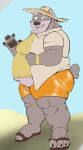 anthro beach bear belly bottomwear bulge clothing coyotebbbusted eyebrows footwear grin hat headgear headwear hi_res jambavan lifewonders male mammal moobs overweight sandals shorts smile solo straw_hat thick_eyebrows tokyo_afterschool_summoners