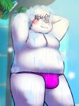 amanekiryuu anthro beach bear belly blush bulge clothing dripping_wet echo_(calahootheyeen) facial_hair hands_behind_head hi_res male mammal mustache overweight overweight_anthro palm_tree plant polar_bear shower solo swimwear thong tree underwear ursine wet