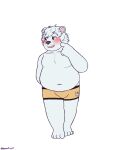 amanekiryuu anthro bear belly blush boxer_briefs boxer_briefs_only boxers_(clothing) bulge clothed clothing echo_(calahootheyeen) embarrassed facial_hair generation_8_pokemon hair hi_res male mammal moobs mustache nintendo overweight overweight_male pokemon pokemon_(species) polar_bear solo standing topless underwear underwear_only ursine white_hair yamper