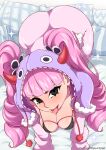  1girl absurdres all_fours artist_name black_eyes blush breasts commentary elpipe_3000 english_commentary fake_horns highres horned_headwear horns large_breasts long_hair looking_at_viewer one_piece pajamas patreon_username perona pink_hair pink_pajamas saliva solo sparkle tongue tongue_out twintails 