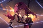  1girl :d bare_shoulders caminukai commentary gloves head_tilt highres holding holding_umbrella honkai:_star_rail honkai_(series) kafka_(honkai:_star_rail) long_hair long_sleeves looking_at_viewer open_mouth ponytail purple_eyes purple_gloves purple_hair shirt smile solo umbrella upper_body white_shirt 