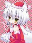  akino_ochiba animal_ears bare_shoulders blush fang hat inubashiri_momiji santa_costume santa_hat solo touhou white_hair wolf_ears yellow_eyes 