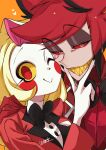  1boy 1girl alastor_(hazbin_hotel) black_hair blonde_hair charlie_morningstar colored_sclera commentary_request formal grin hand_on_another&#039;s_face hand_on_another&#039;s_shoulder hazbin_hotel highres honeko_06 long_hair multicolored_hair one_eye_closed red_eyes red_hair red_sclera short_hair smile suit upper_body yellow_sclera 