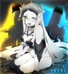  1girl absurdres abyssal_ship american_destroyer_princess bare_shoulders black_hair black_sclera blue_eyes breasts character_name choker colored_sclera colored_skin glasses gloves grey_hair hair_ornament heterochromia highres kantai_collection long_hair looking_at_viewer ma_rukan medium_breasts mismatched_sclera multicolored_hair open_mouth panties signature skindentation solo star_(symbol) star_hair_ornament underwear very_long_hair white_hair yellow_eyes 