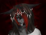 anthro black_hair broken_horn brown_body brown_eyes brown_fur canid canine canis clothed clothing collar crown crybitur felid female fur grey_body grey_fur hair headgear headwear horn hybrid mammal red_hair red_horn sad simple_background solo suffering suwyzid teeth text wolf