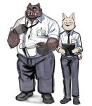 2024 absurd_res anthro beverage bottomwear brown_body canid canine canis clothing coffee container cup domestic_dog duo ear_piercing ear_ring hi_res kemono male mammal necktie overweight overweight_male pants piercing ring_piercing shirt simple_background suid suina sus_(pig) topwear ujishiyo white_background wild_boar