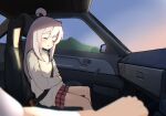  2girls ahoge bare_legs blurry blurry_foreground car_interior closed_eyes clothes_writing commentary depth_of_field female_pov grey_jacket highres hozuki_momiji jacket light_blush long_hair long_sleeves misori_mania multiple_girls onii-chan_wa_oshimai! open_mouth oyama_mahiro pink_hair plaid plaid_skirt pov red_skirt seatbelt sitting skirt sleeping solo_focus sunset 