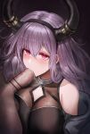  1boy 1girl absurdres arknights bar_censor black_hairband breasts censored fellatio hairband highres horns large_breasts long_hair onedr oral out_of_frame penis pointless_censoring purple_eyes purple_hair saliva_on_penis tears typhon_(arknights) 