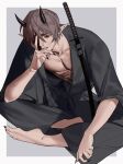  1boy black_nails brown_hair emo37337640 facial_hair hand_on_own_face highres horns japanese_clothes katana kimono licking_lips looking_at_viewer male_focus muscular muscular_male mustache original pointy_ears setsubun short_hair sitting solo sword tongue tongue_out weapon 