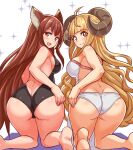  2girls ahoge anila_(granblue_fantasy) animal_ears anthuria backless_swimsuit barefoot bikini black_one-piece_swimsuit blonde_hair blunt_bangs breasts brown_eyes brown_hair closed_mouth commentary commission cougar_(cougar1404) crotch_seam draph erune from_behind granblue_fantasy hand_on_own_ass horns kneeling leaning_forward long_hair looking_at_viewer looking_back medium_breasts multiple_girls one-piece_swimsuit open_mouth sheep_horns side-by-side skeb_commission smile swimsuit white_bikini 