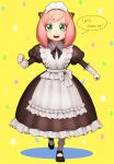  1girl alternate_costume anya_(spy_x_family) apron black_dress blush dress emo37337640 english_text frilled_apron frills green_eyes hairpods highres looking_at_viewer maid maid_apron maid_headdress open_mouth pink_hair puffy_sleeves ribbon short_hair smile solo speech_bubble spy_x_family teeth upper_teeth_only white_apron wrist_cuffs yellow_background 