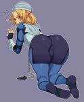  1girl ? ?? all_fours ass blonde_hair blue_background blue_bodysuit bodysuit closed_mouth covered_pussy from_behind full_body highres hyrule_warriors looking_back mole mole_under_eye pointy_ears porqueloin red_eyes sheik simple_background solo the_legend_of_zelda 