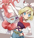  1girl black_shirt blue_eyes blue_shorts breasts brown_hair colored_sclera crop_top fox hairband hisuian_zoroark irida_(pokemon) medium_hair off_shoulder pokemon pokemon_legends:_arceus red_eyes red_shirt shirt shorts simple_background small_breasts white_hairband yellow_sclera yunme 