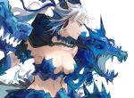  1girl armor bikini_armor black_capelet black_clover blue_armor breasts capelet closed_mouth from_behind grey_hair hashtag_only_commentary highres hood hooded_capelet hydrokinesis immortalmonkey large_breasts liquid_clothes long_hair looking_ahead navel noelle_silva purple_eyes serious solo twintails water water_dragon white_background 
