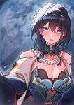  1girl absurdres bare_shoulders black_hair blue_eyes breasts cleavage collarbone dress english_commentary expressionless flower gloves hair_between_eyes hair_flower hair_intakes hair_ornament highres honkai:_star_rail honkai_(series) jewelry long_hair looking_at_viewer necklace outstretched_arm parted_lips pov raion_rennes ruan_mei_(honkai:_star_rail) solo sweat twitter_username upper_body 