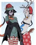 2girls absurdres animal_ears antlers armpits arms_up bat_girl bell belt belt_collar black_belt black_ears black_hair black_panties blue_background borrowed_character breasts chest_mouth christmas collar colored_skin crossed_arms dark deer_tail extra_mouth fangs from_side hand_on_own_hip hat highres horns looking_ahead lowleg lowleg_pants medium_hair mimi_(milktiddyboy) monster_girl multiple_girls neck_bell nyvee_(milkytiddyboy) open_mouth original panties pants pantyhose porqueloin purple_skin red_eyes reindeer_antlers ribbon santa_hat simple_background small_breasts snowing striped_clothes striped_pantyhose tail tongue tongue_out underwear white_hair winged_arms wings 