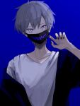  1boy akebisousaku blue_background claw_pose commentary grey_eyes grey_hair highres jacket looking_at_viewer male_focus mask mouth_mask nail_polish off_shoulder original print_mask shirt short_hair solo 