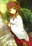  absurdres bamboo bamboo_forest broom brown_eyes brown_hair forest hair_ornament hairclip hakama highres japanese_clothes long_hair looking_at_viewer miko nature one_side_up original red_hakama shirabi smile solo 