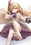  1girl absurdres ascot black_gloves blush brown_hair brown_hairband dress earrings feet foot_focus fujiko_sugi gloves granblue_fantasy granblue_fantasy:_relink hair_ornament hairband harvin highres jewelry long_hair looking_at_viewer maglielle_(granblue_fantasy:_relink) no_shoes pantyhose petite pointy_ears princess_dress red_eyes simple_background smile socks soles solo striped_clothes striped_socks thighs toes very_long_hair white_dress white_pantyhose white_socks 