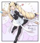  1girl absurdres alternate_costume apron black_dress blonde_hair character_name dated dress drill_hair earrings elise_(fire_emblem) fire_emblem fire_emblem_fates happy_birthday highres holding holding_staff jewelry kyl490 looking_at_viewer maid maid_apron maid_headdress multicolored_hair one_eye_closed purple_eyes purple_hair solo staff streaked_hair twin_drills twintails 