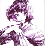  1boy androgynous arm_up bob_cut crosshatching folding_fan gradient_clothes gradient_hair hand_fan hatching_(texture) holding holding_fan hunter_x_hunter japanese_clothes kalluto_zoldyck kimono light_smile looking_at_viewer mr_(llwis41) multicolored_hair obi purple_eyes purple_hair purple_kimono sash short_hair simple_background smile wide_sleeves 