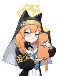  28_(282teeth) animal blue_archive blue_eyes braid cat commentary_request flower_ornament halo highres holding holding_animal holding_cat korean_commentary looking_at_viewer mari_(blue_archive) nun orange_cat orange_hair simple_background smile 