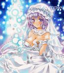  at_classics bare_shoulders blush breasts bridal_veil cleavage dress formal gloves hair_ornament hat large_breasts lavender_hair letty_whiterock marker_(medium) purple_eyes sample scarf short_hair smile solo touhou traditional_media veil wedding_dress white_scarf 