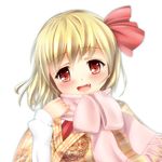  blonde_hair fang hair_ribbon highres red_eyes ribbon rumia scarf solo touhou toumin 