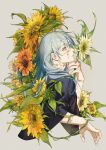  blue_hair flower heterochromia highres jujutsu_kaisen light_blue_hair long_hair mahito_(jujutsu_kaisen) mim_(mimya0600) patchwork_skin stitched_arm stitched_face stitched_hand stitched_neck stitches sunflower upper_body 