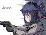  1girl arknights character_name closed_mouth ear_protection from_side green_eyes grey_jacket gun handgun highres holding holding_gun holding_weapon jacket jessica_(arknights) looking_ahead ponytail sketch small_sweatdrop solo translation_request upper_body user_mvyy7457 weapon 