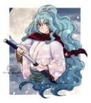  1girl blue_hair cape cloud cloudy_sky cropped_legs dated flat_chest full_moon green_hakama hair_between_eyes hakama japanese_clothes kimono kotoraya long_hair looking_at_viewer moon ponytail red_cape red_eyes scabbard sheath sheathing signature sky snowing solo sword tomoe_(tsuki_ga_michibiku_isekai_douchuu) tsuki_ga_michibiku_isekai_douchuu very_long_hair weapon white_kimono wide_sleeves 