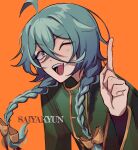 1boy ahoge aqua_hair artist_name ashe_bradley bow braid english_commentary green_jacket hair_bow hand_up highres index_finger_raised jacket long_sleeves looking_at_viewer male_focus one_eye_closed open_mouth orange_background saiyakyun simple_background small_pupils smile solo teeth twin_braids upper_teeth_only watermark witch&#039;s_heart yellow_bow yellow_eyes yellow_trim 