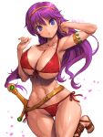  amania_orz athena_(series) bikini blue_eyes breasts collarbone cowboy_shot dated foot_out_of_frame front-tie_bikini_top front-tie_top highres huge_breasts long_hair navel petals princess_athena purple_hair red_bikini side-tie_bikini_bottom simple_background swimsuit sword twitter_username weapon white_background 