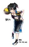  basketball black_hair black_rock_shooter blue_eyes grin hand_on_hip jacket kuroi_mato navel one_eye_closed open_clothes open_jacket shoes short_twintails shorts smile sneakers solo strapless sweatband tobimaru tubetop twintails 