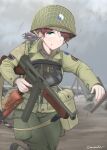  1girl absurdres artist_name blue_eyes brown_hair czech_hedgehog green_jacket green_pants gun hair_ornament highres invasion_of_normandy jacket looking_at_viewer military military_uniform original pants savankov solo submachine_gun thompson_submachine_gun trigger_discipline uniform united_states_army weapon world_war_ii 